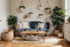 Warm and cozy ethno living room interior with couch, patterned pillows, plants i flowerpots, fern, rattan sideboard, basket on wal