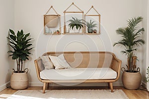 Warm and cozy ethno living room interior with couch, patterned pillows, plants i flowerpots, fern, rattan sideboard, basket on wal