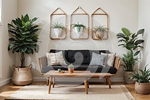 Warm and cozy ethno living room interior with couch, patterned pillows, plants i flowerpots, fern, rattan sideboard, basket on wal