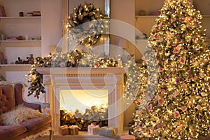Warm cozy evening, Christmas eve, Christmas room with fireplace interior design, Xmas tree decorated by lights, gifts toys,
