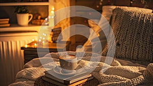 Warm Cozy Evening with Coffee and Books by the Fireside photo
