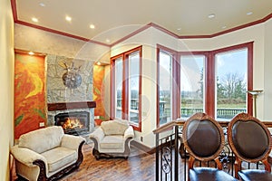 Warm cozy family room with of a luxury mansion house.