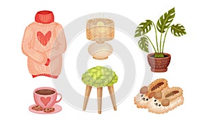 Warm and Cozy Home Things Like Hot Tea with Cookies and Knitted Sweater Vector Set