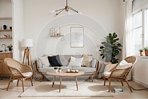 Warm and cozy interior of living room space with mock up poster frame, round table, chairs, pedant lamp, rattan chairs and walking