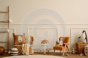 Warm and cozy kids room interior with orange armchair, white stool, round rug, braided armchair, plush toys, wooden blockers,