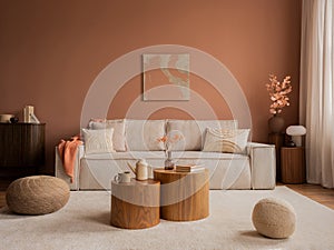 Warm and cozy living room interior with mock up poster frame, modular sofa, wooden coffee table, vase with dried flowers, pillows