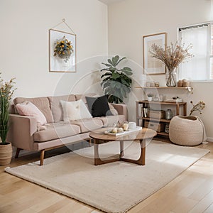 Warm and cozy living room interior with mock up poster frame vase with dried flowers beige bowls modern sculptures pitcher ba