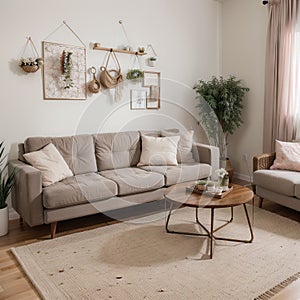 Warm and cozy living room interior with mock up poster frame vase with dried flowers beige bowls modern sculptures pitcher ba