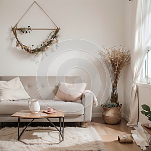 Warm and cozy living room interior with mock up poster frame vase with dried flowers beige bowls modern sculptures pitcher ba