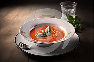 Warm and Cozy Tomato Soup in a Bowl on a very nice deco table. Ai generated
