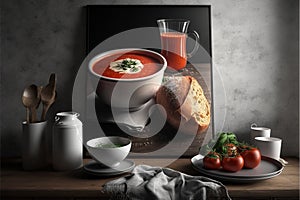 Warm and Cozy Tomato Soup in a Bowl on a very nice deco table. Ai generated