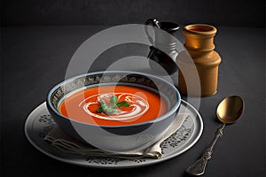 Warm and Cozy Tomato Soup in a Bowl on a very nice deco table. Ai generated