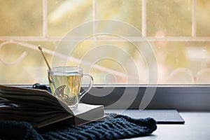 Warm and cozy window seat with warm plaid, cup of tea and book, rustic scandinavian minimal style home decor, unplud, relax,