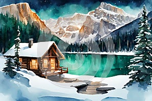 Watercolor illustration of luxury villas in the Swiss Alps with lake views in winter. photo