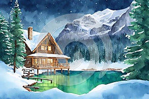 Watercolor illustration of luxury villas in the Swiss Alps with lake views in winter. photo