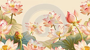 A warm cream backdrop sets the stage for a blooming array of stylized lotus flowers, symbolizing purity and