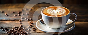 Warm Cup of Cappuccino with Heart Shaped Latte Art on a Rustic Wooden Table, Inviting Aroma of Freshly Brewed Coffee in a