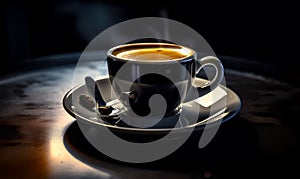 A Warm Cup of Coffee on a Delicate Porcelain Saucer. A cup of coffee sitting on top of a saucer