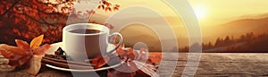 Warm cup of coffee on a wooden table in a beautiful autumn scene with maple leaves. Generative AI illustrations