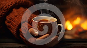 warm cup of spiced cider held by hands in mittens