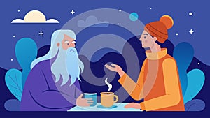 With a warm cup of tea in hand a spiritual counselor engages in deep discussions with their client exploring the meaning photo