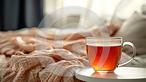 A warm cup of tea sits on a white bedside table, nestled among soft, rumpled peach-colored linens in a sunlit room