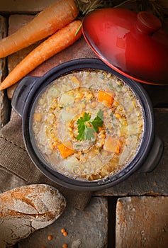 Warm and delicious freshly made pot of soup photo