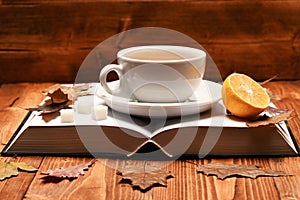 Warm drink and home relax concept. Tea cup on book