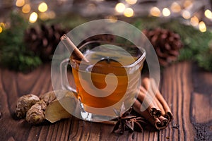 Warm drink for winter: tea, cinnamon, star anise, and ginger