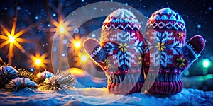 Warm Embrace of Winter HandKnitted Snowflake Mittens Under a Night Sky Captured in Stunning Detail photo