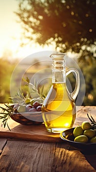 Warm evening light on a glass jug of olive oil with a bowl of assorted olives, rustic charm