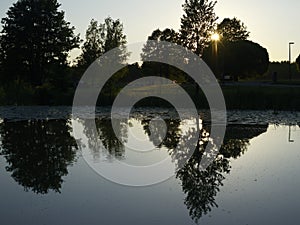 Warm evening in the park by the lake