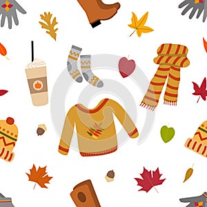 Warm fall clothes vector seamless pattern with sweater, scarf, hat, boots, coffee, gloves. Isolated on white background.