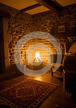 Warm Fire in Rustic Stone Fireplace