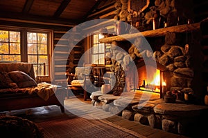warm fireplace glowing in a log cabin