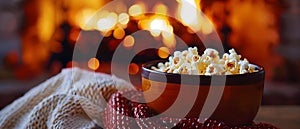 Warm Fireside Bliss: Snuggles & Popcorn Delight. Concept Cozy Night In, Fireside Snuggles, Movie photo