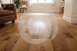 Warm floor concept. Close-up of legs stepping by hardwood floor at home