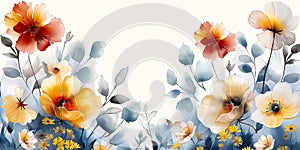 Warm Floral Watercolor banner. A colorful flower field