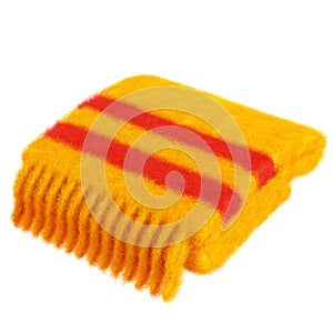 Warm fluffy cozy plaid or scarf with fringe 3d render illustration. Folded soft blanket for autumn or winter design.