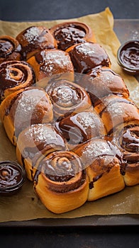 Warm, freshly cooked sweet bun rolls with indulgent chocolate filling