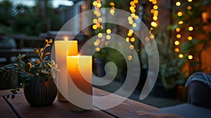 The warm glow of candles creates a cozy ambiance in the outdoor space. 2d flat cartoon