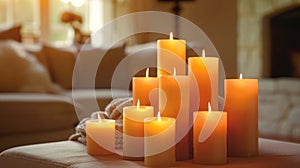 The warm glow of these candles positioned in a cascading manner creates a sense of fluidity and movement evoking a photo