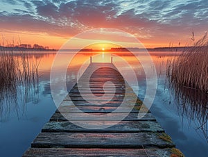 The warm glow of dawn bathes a lakeside jetty, with serene waters and reeds framing the rising sun.