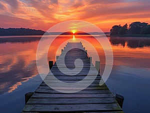 The warm glow of dawn bathes a lakeside jetty, with serene waters and reeds framing the rising sun.