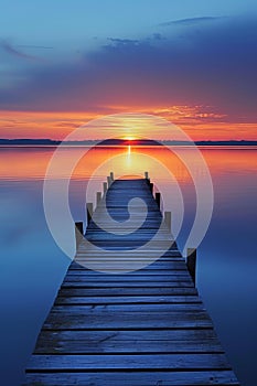 The warm glow of dawn bathes a lakeside jetty, with serene waters and reeds framing the rising sun.