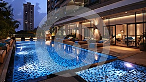The warm glow of the pool lights combined with the coolness of the water creates a harmonious blend of sensations