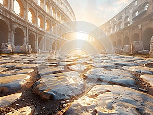 warm glow of sunlight filters through aged windows, illuminating the grandeur of an ancient Roman arena photo