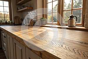 Close up of an empty wooden kitchen counter with a window in the background, sunlight coming through the windows photo
