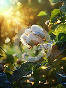 The warm glow of sunrise bathing a field of cotton bolls, highlighting the softness and natural texture.