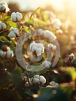 The warm glow of sunrise bathing a field of cotton bolls, highlighting the softness and natural texture.